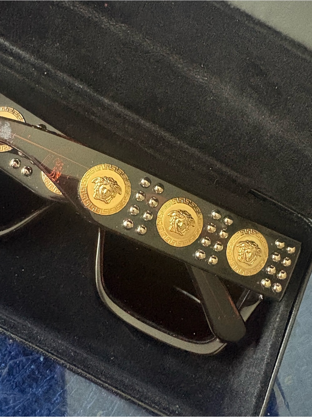 Versace Black Sunglasses with Gold Medusa Accents in case.